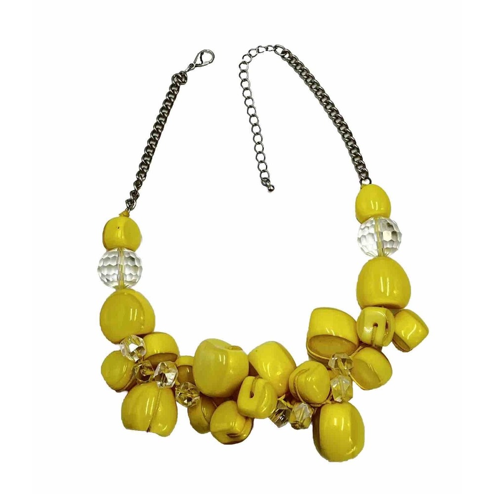 Beautiful Adjustable Yellow Cluster Statement Necklace 20.5" Silver Tone Chain